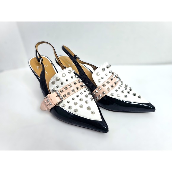Shoes - Linea Paolo Slingback‎ Studded Heels Rare Pumps Black White Pink Shoes Size 9.5